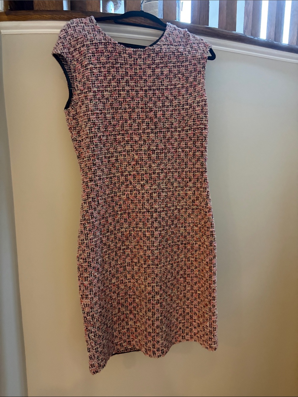 St. John Collection Pink Tweed Midi Sheath Dress with Black Trim